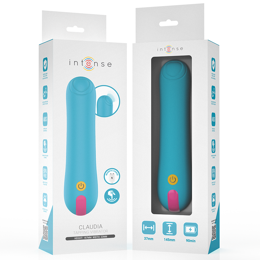 Boite Intense Claudia, mini vibromasseur bleu turquoise compact, faces produit et fenetre, pictos dimensions et fonctions, ABS body-safe non realiste.