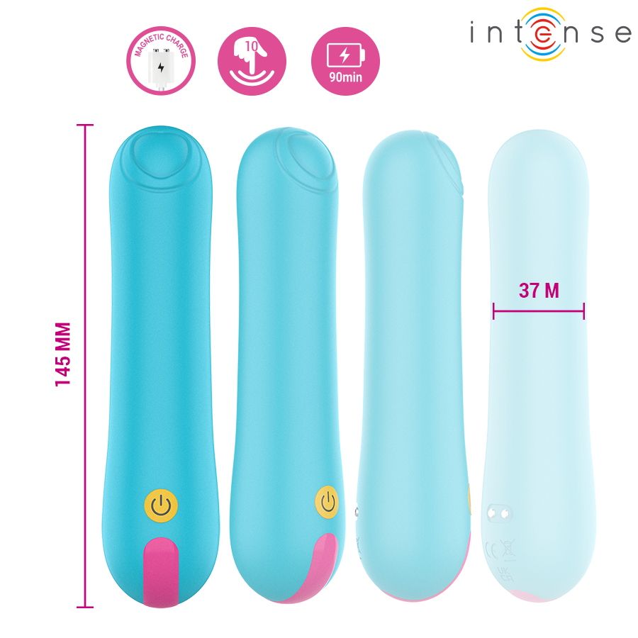 Mini vibromasseur Intense bleu decline en quatre teintes, cote 145 mm sur 37 mm, format bullet compact ABS body-safe pour stimulation clitoridienne.