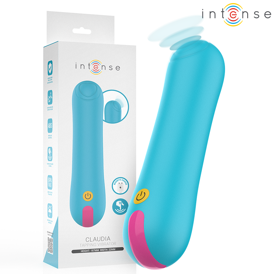 Boite Intense Claudia, mini vibromasseur bleu turquoise compact avec embout rose, pictos fonctions, format bullet ABS body-safe non realiste.