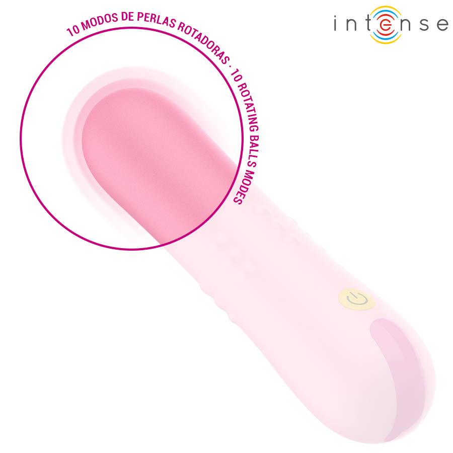 Mini vibromasseur Intense rose pastel avec gros plan de la tete texturee, encart 10 modes de perles rotatives, format compact ABS body-safe.