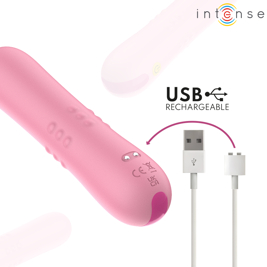 Mini vibromasseur Intense rose a relief avec cable de charge, mention USB rechargeable, format bullet compact en ABS body-safe au design non realiste.