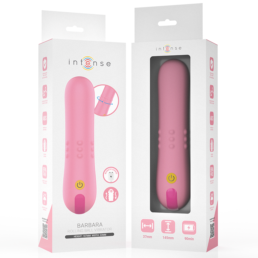 Deux boites Intense Barbara, mini vibromasseur rose relief, faces avant et arriere avec pictos et dimensions, format bullet compact body-safe.