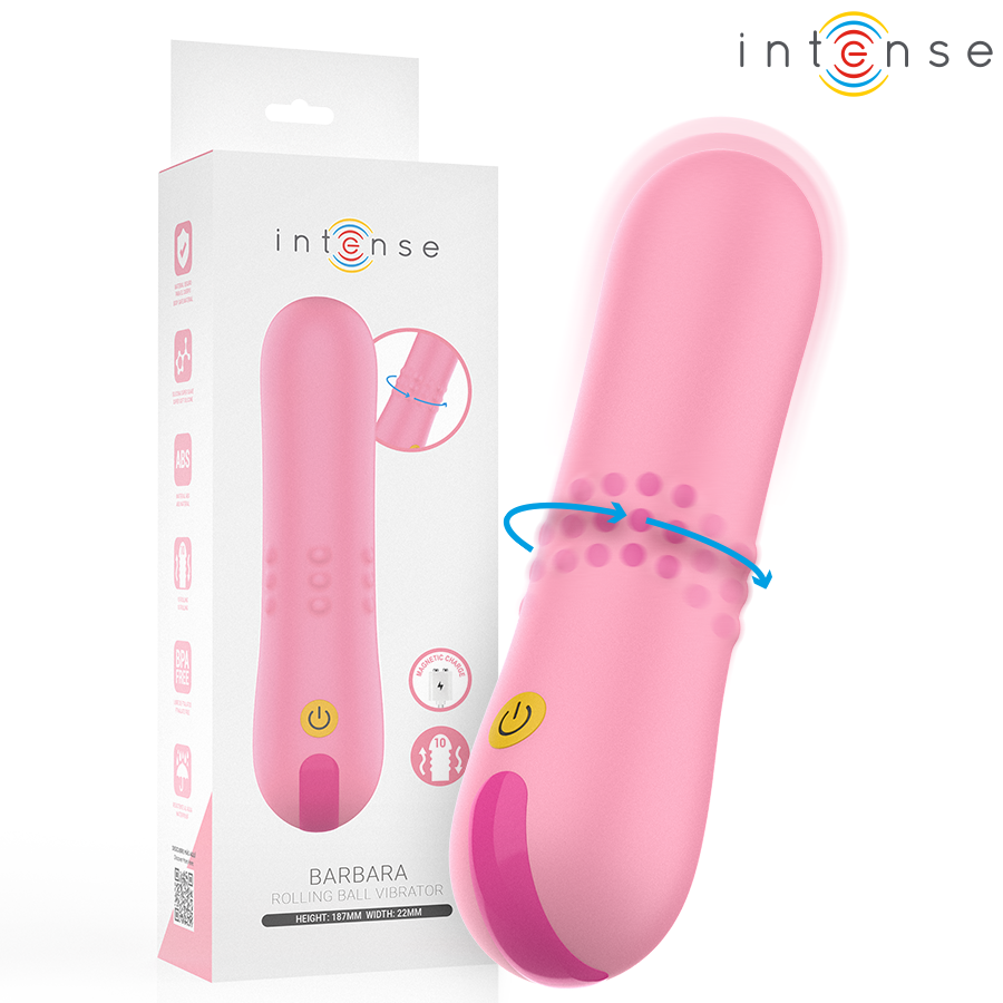 Boite Intense Barbara, mini vibromasseur rose a tete texturee et perles rotatives, encart 10 modes, format compact ABS body-safe non realiste.