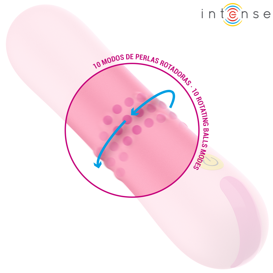 Mini vibromasseur Intense rose avec encart 10 modes de perles rotatives, tete texturee, format bullet compact body-safe pour stimulation interne douce.