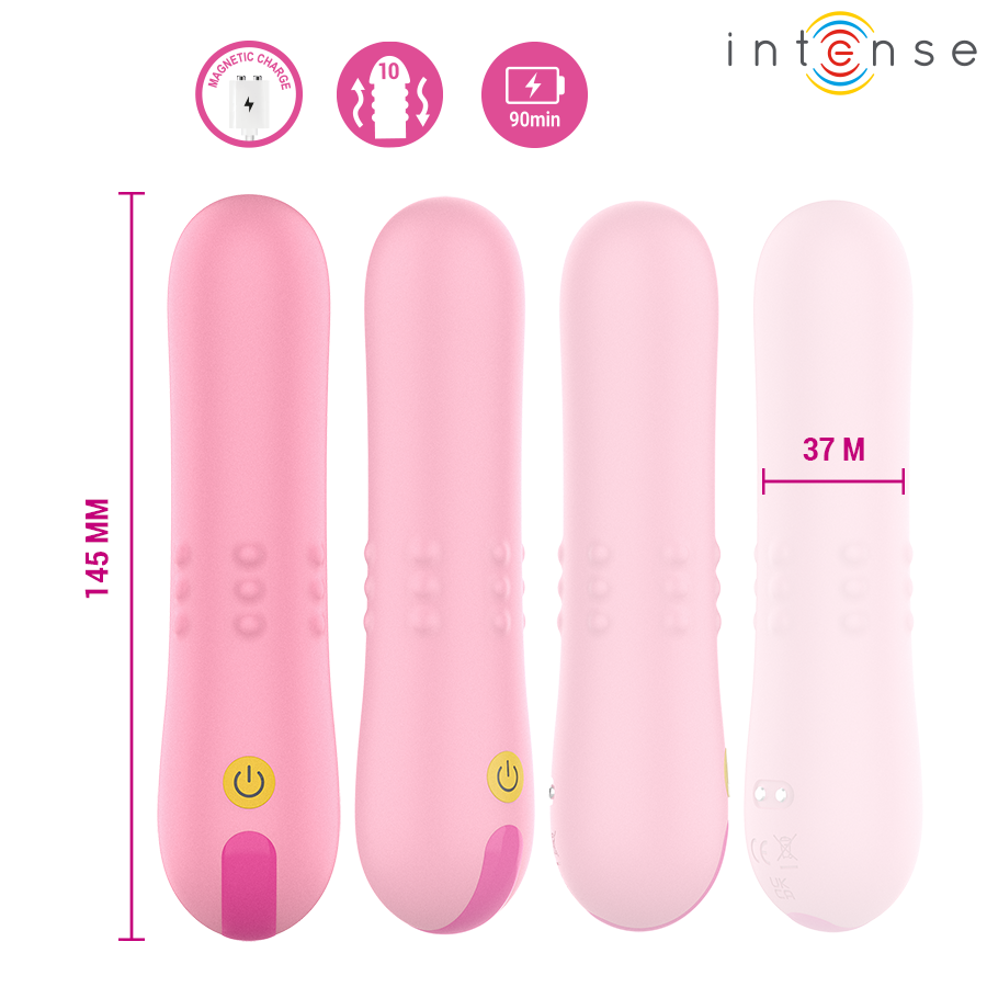 Mini vibromasseur Intense rose pastel decline en quatre teintes, cote 145 mm sur 37 mm, format bullet compact ABS pour stimulation clitoridienne douce.