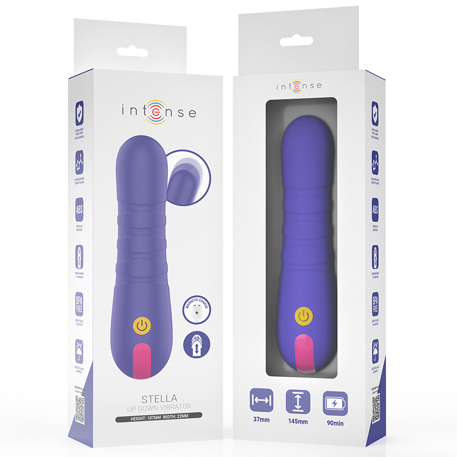 Deux boites Intense Stella, mini vibromasseur violet relief, faces avant et arriere avec pictos 37 mm 145 mm 90 min, format compact body-safe.