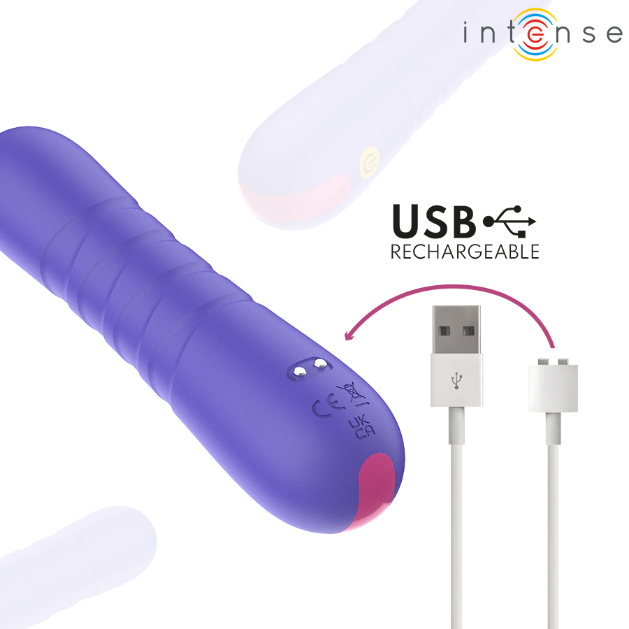 Mini vibromasseur Intense violet a tige anneles avec cable de charge, mention USB rechargeable, format bullet compact en ABS body-safe non realiste.