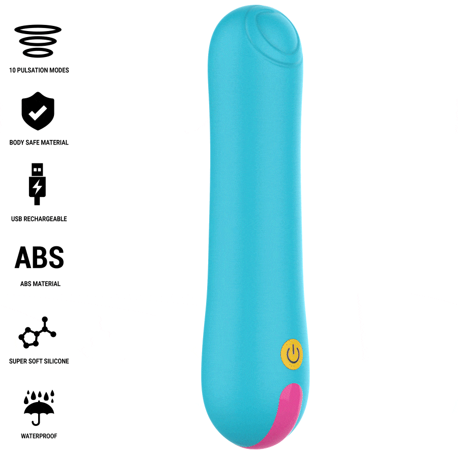 Mini vibromasseur Intense bleu turquoise a corps lisse et embout rose, bouton lumineux, format bullet compact en ABS body-safe pour stimulation ciblee.