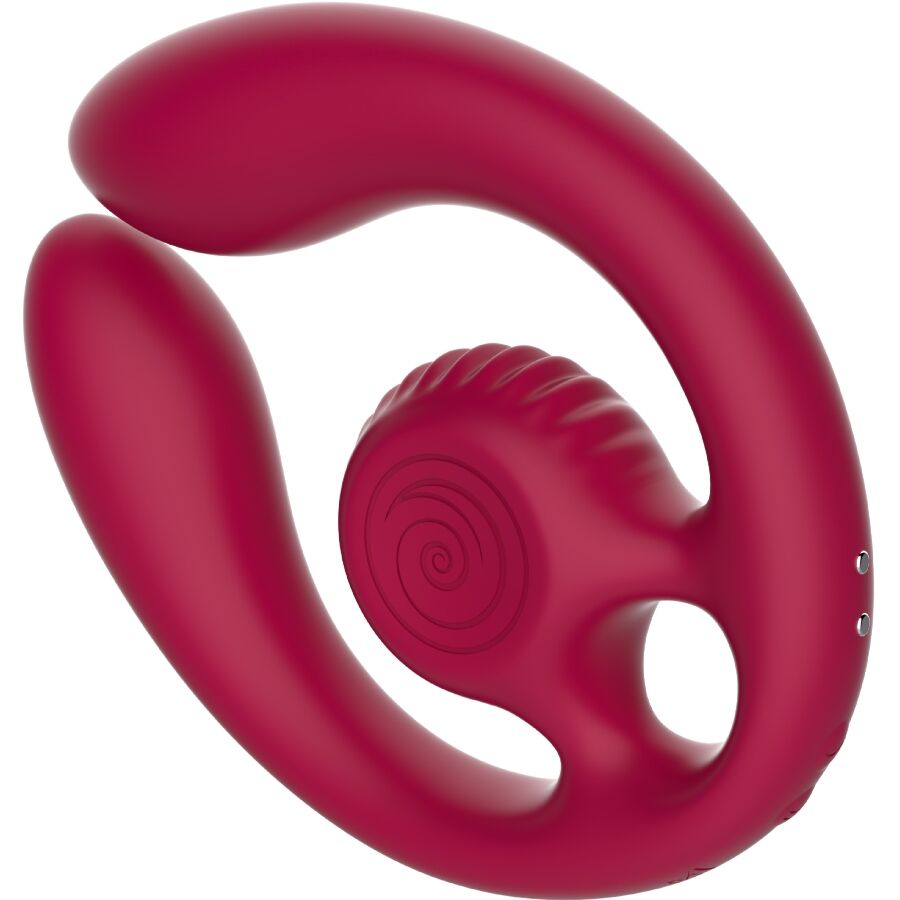 Stimulateur double couple Gizi Duo rouge vu de profil, forme arquee et tete spiralee en silicone doux, sextoy synchronise pour partenaires avec telecommande etanche.