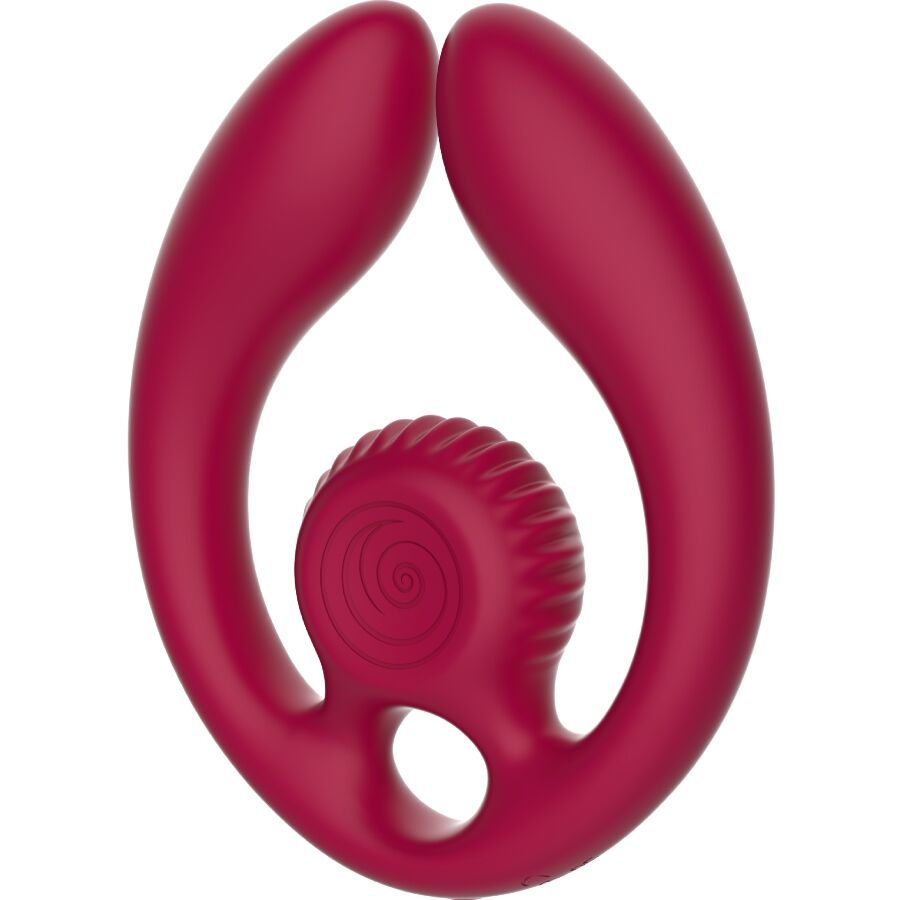 Stimulateur couple Gizi Duo rouge de face, boucle ouverte avec petit anneau et tete crantee en spirale en silicone, sextoy double pour les deux partenaires telecommande.