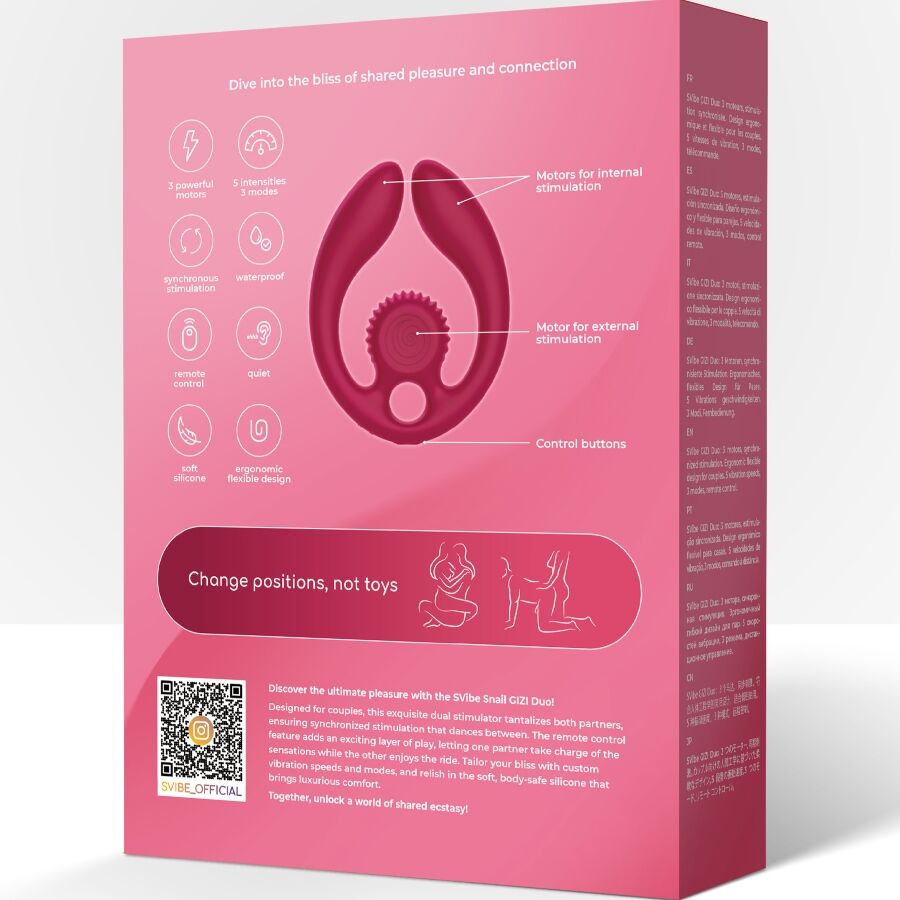 Dos de boite rose Gizi Duo avec pictogrammes des fonctions et schema du stimulateur, mention Change positions not toys, emballage du sextoy de couple a telecommande.