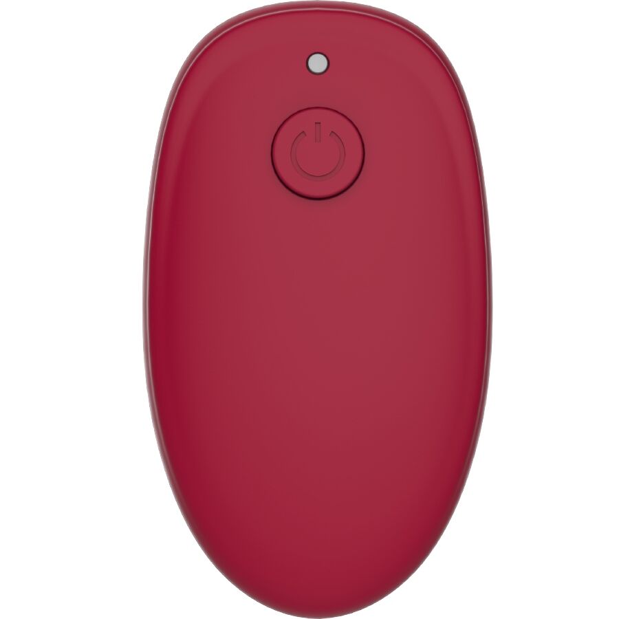 Telecommande rouge ovale du Gizi Duo avec bouton marche central, accessoire de controle a distance du stimulateur de couple synchronise SVibe en silicone.