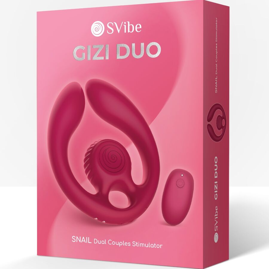 Boite rose SVibe Gizi Duo Snail Dual Couples Stimulator de trois quarts, visuel du stimulateur en boucle et telecommande, packaging du sextoy de couple synchronise.