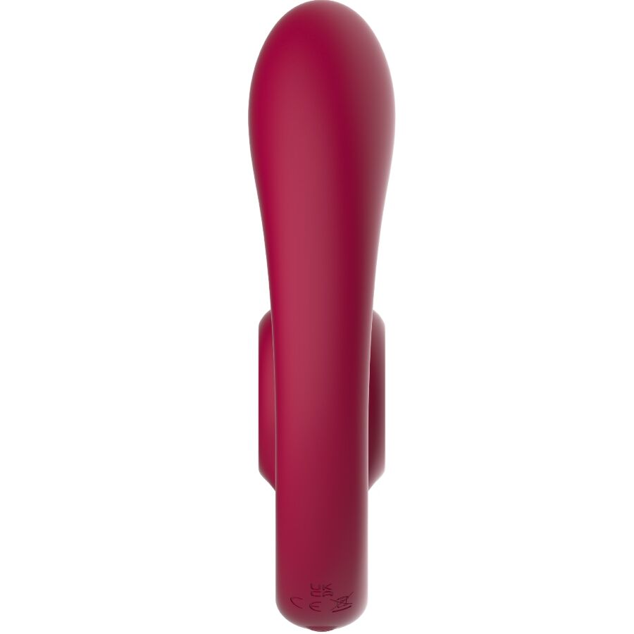 Branche du stimulateur Gizi Duo rouge en silicone vue de profil, embout lisse arrondi et col texture, partie du sextoy de couple synchronise a telecommande.