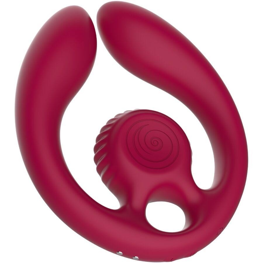 Stimulateur double pour couple Gizi Duo rouge en silicone, forme en boucle ouverte et tete spiralee, vue de face, sextoy couple synchronise avec telecommande etanche.
