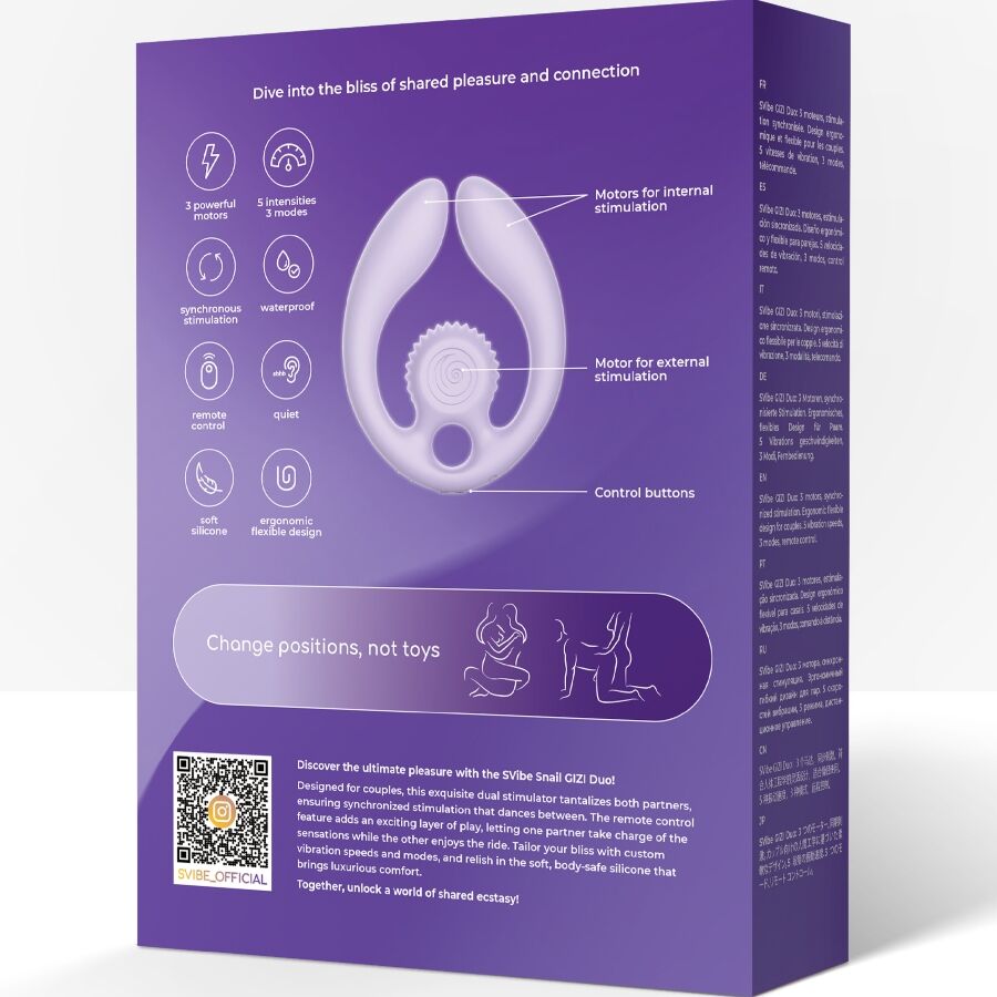 Dos de boite violette Gizi Duo avec pictogrammes des fonctions et schema du stimulateur, mention Change positions not toys, emballage du sextoy de couple a telecommande.