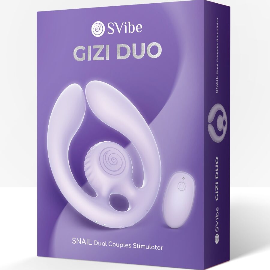 Boite violette SVibe Gizi Duo Snail Dual Couples Stimulator de trois quarts, visuel du stimulateur en boucle et telecommande, packaging du sextoy de couple synchronise.