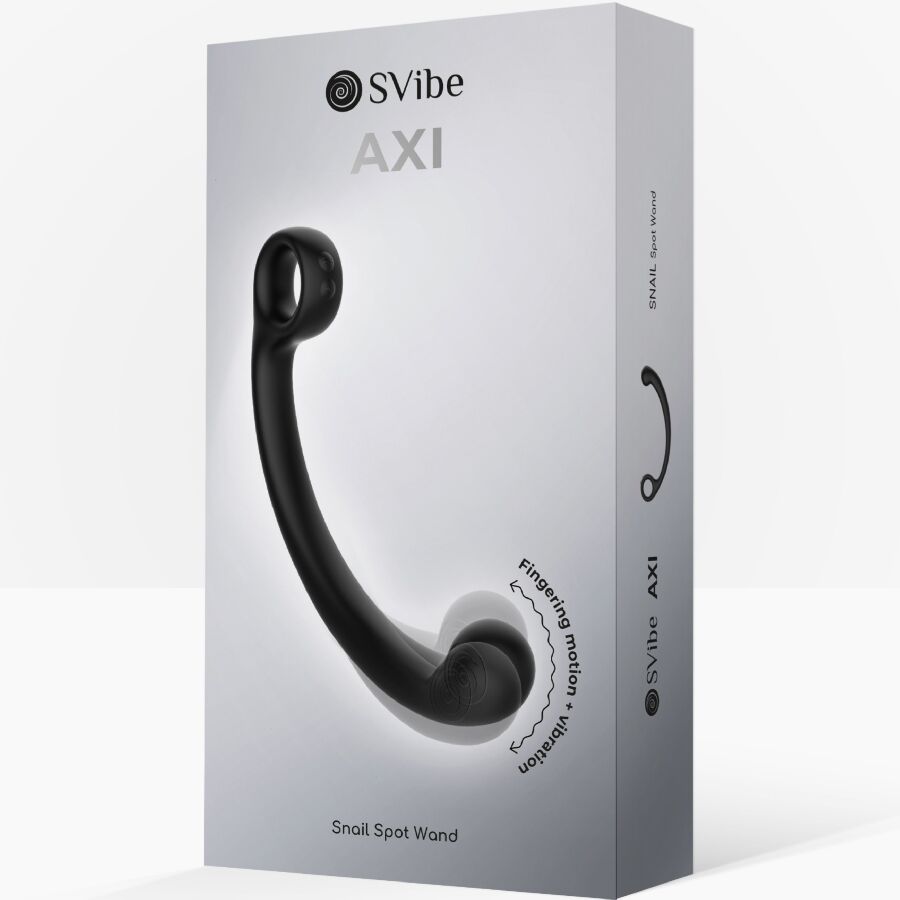 Boite grise SVibe AXI Snail Spot Wand de trois quarts, visuel de la baguette courbee, packaging de la baguette de massage vibrante flexible points P C et G en silicone.