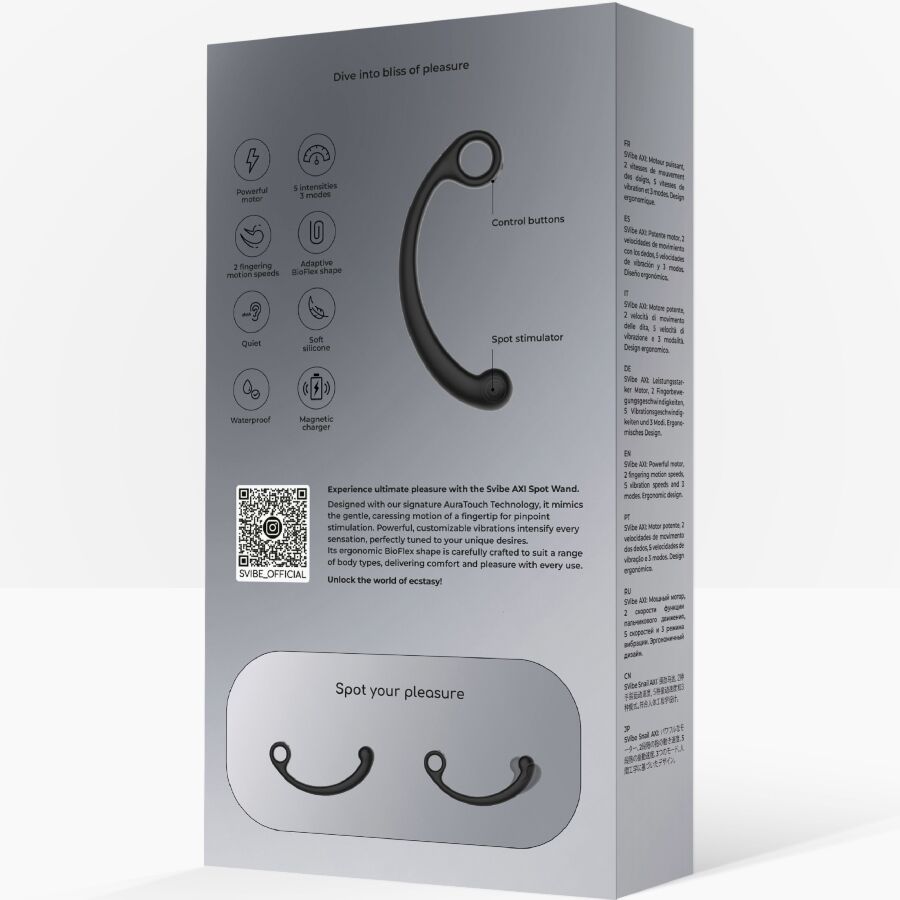 Dos de boite grise SVibe AXI avec pictogrammes des fonctions et schema de la baguette courbee, emballage de la baguette de massage vibrante flexible points P C et G.