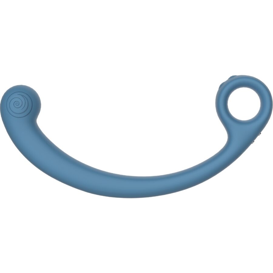 Baguette vibrante AXI bleue vue de profil, courbure souple terminee par un anneau et un embout en spirale escargot, silicone medical flexible pour massage des points sensibles.