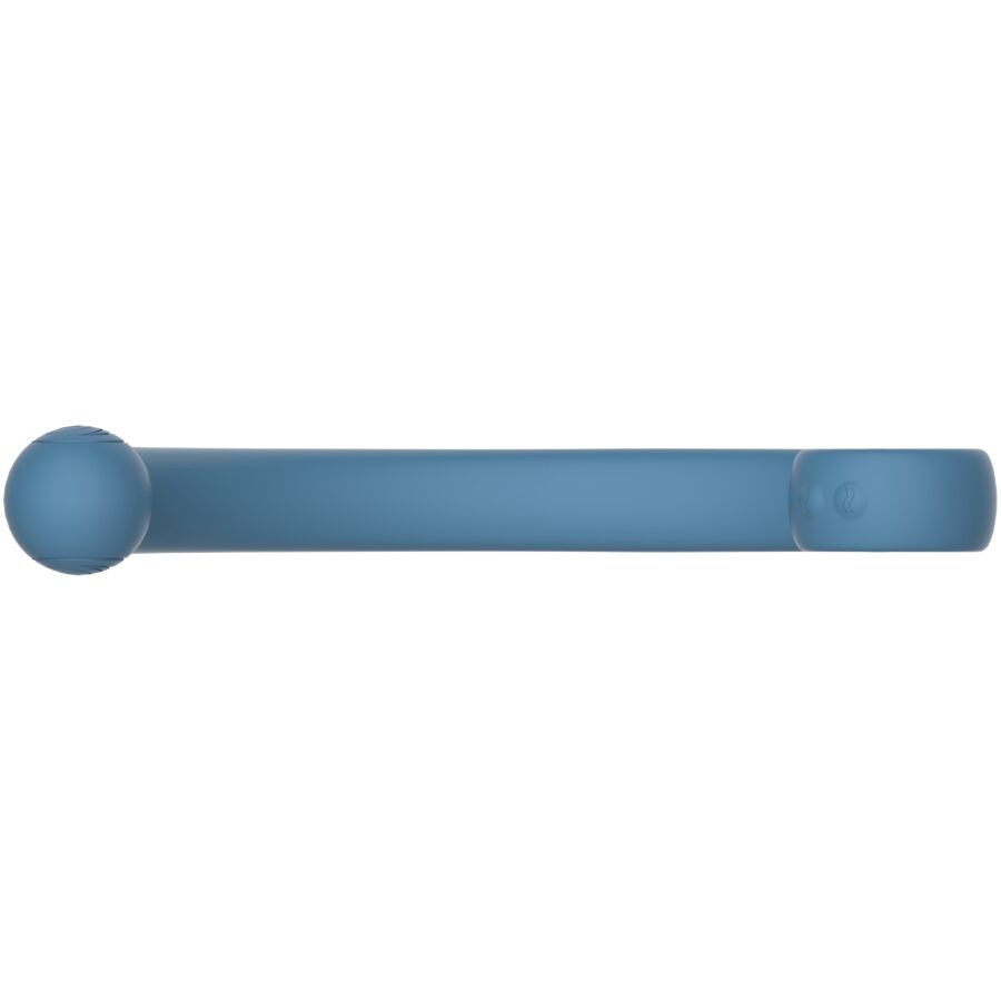 Baguette de massage AXI bleue presentee en position droite, tige fine a embouts arrondis spirale, design epure en silicone etanche pour une stimulation precise et ciblee.