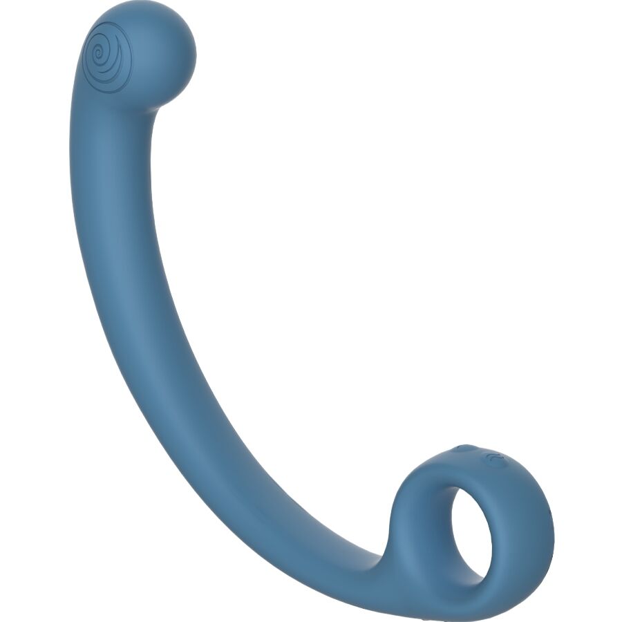 Baguette de massage vibrante AXI bleue en silicone, longue tige courbee avec embout boule et anneau de prehension, stimulateur flexible points P C et G etanche.