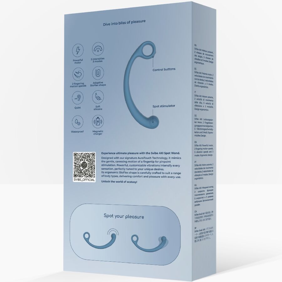Dos de l'emballage AXI de SVibe detaillant fonctions et pictogrammes du wand vibrant, schema de la baguette courbe bleue et QR code, presentation technique sans anatomie.