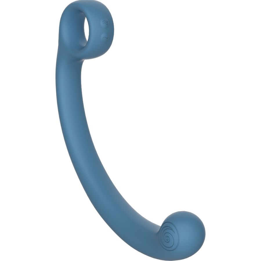Baguette de massage AXI bleue vue de profil, courbe douce avec petit embout boule et grand anneau en silicone, stimulateur flexible points P C et G qui imite un doigt.