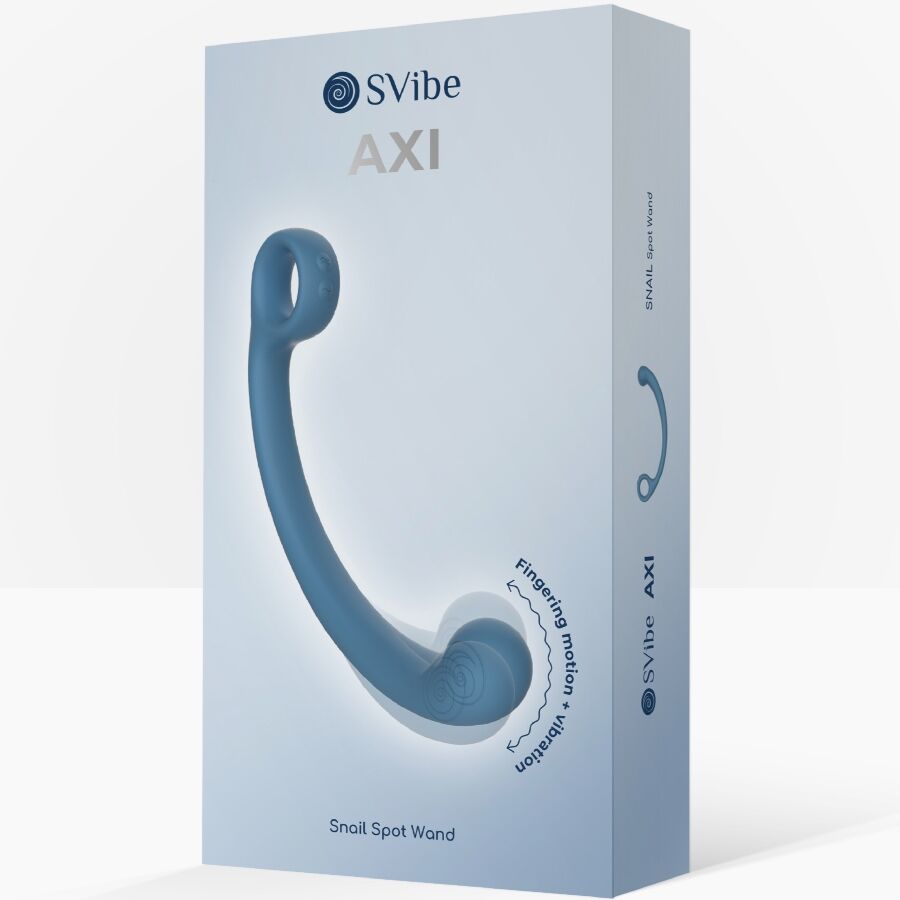 Boite du Snail Spot Wand AXI de SVibe, packaging clair illustrant la baguette courbe bleue et le logo, sans visuel anatomique, silicone pour les points P, C et G.