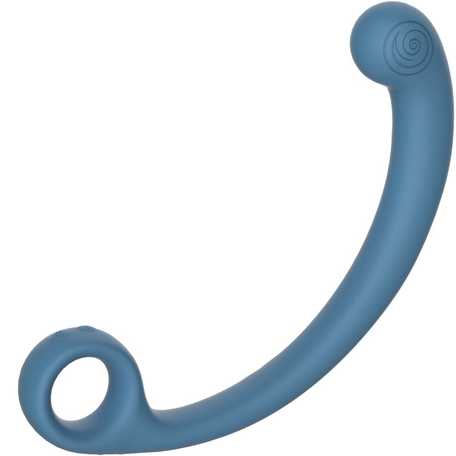 Baguette de massage vibrante AXI bleu ardoise vue de face, forme courbe ergonomique avec embout spirale et boucle, silicone etanche pour stimuler les points P, C et G.