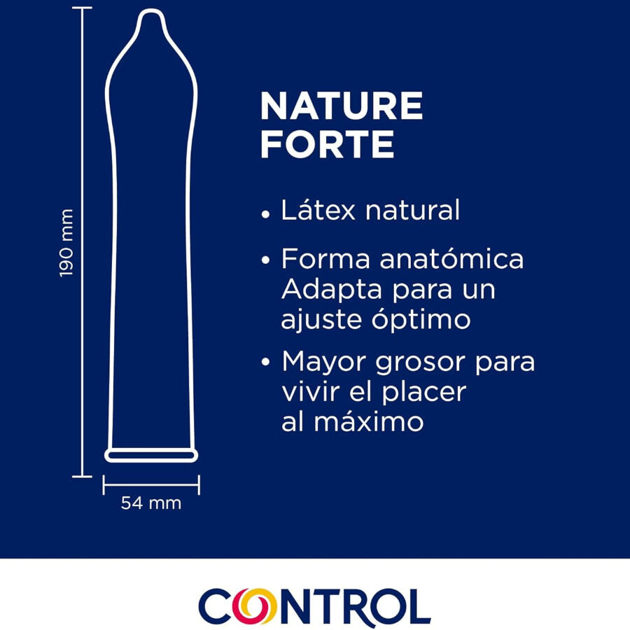 Visuel Control Nature Forte detaillant le preservatif latex naturel epais, schema cote longueur 190 mm largeur 54 mm, ajustement Adapta optimal pour plus de plaisir.