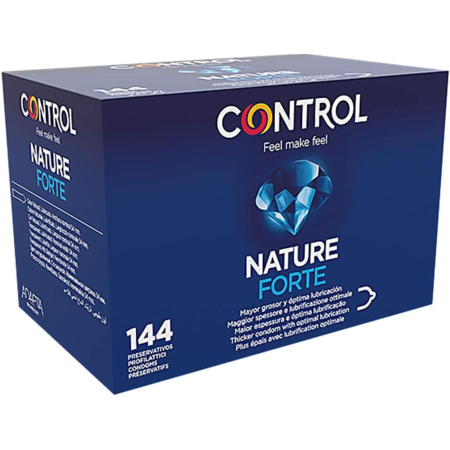 Boite economique bleue Control Nature Forte 144 preservatifs, latex naturel epaisseur renforcee forme Adapta 54 mm, grand format pour usage frequent.