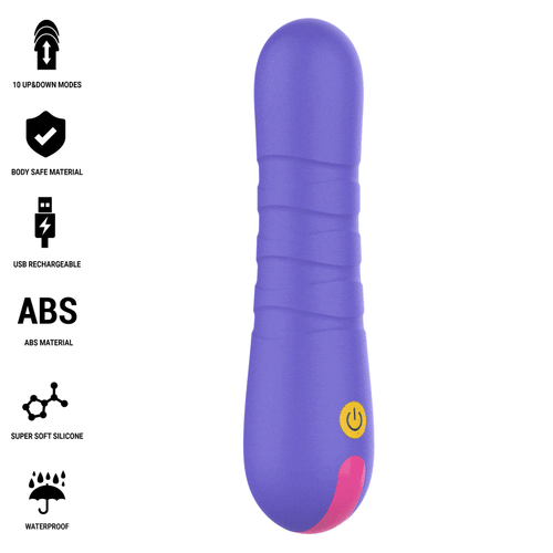 Mini vibromasseur Intense violet a tige anneles et embout rose, bouton power, format bullet compact en ABS body-safe pour stimulation clitoridienne.