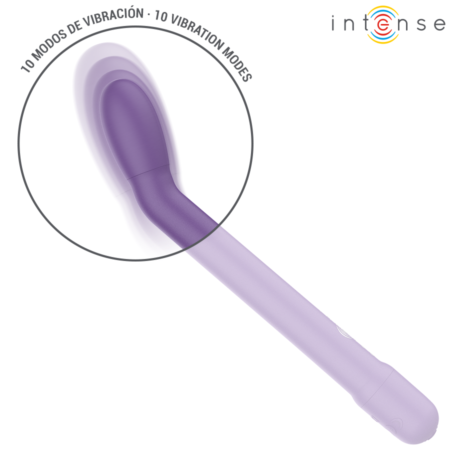 Gros plan sur la tete courbée du vibromasseur point G Karlie violet Intense, effet de vibration illustre, tige fine en silicone pour stimuler le point G.