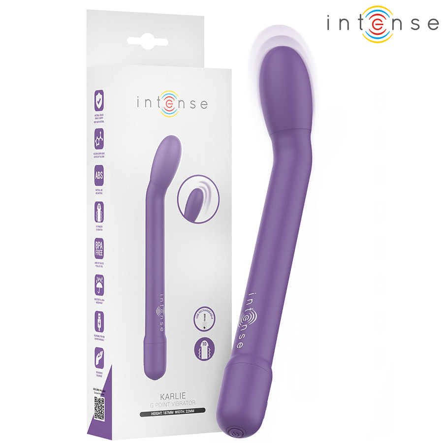 Boite Karlie Intense version violette et son vibromasseur point G violet à tige fine incurvee, silicone body-safe et tete courbée pour le point G.