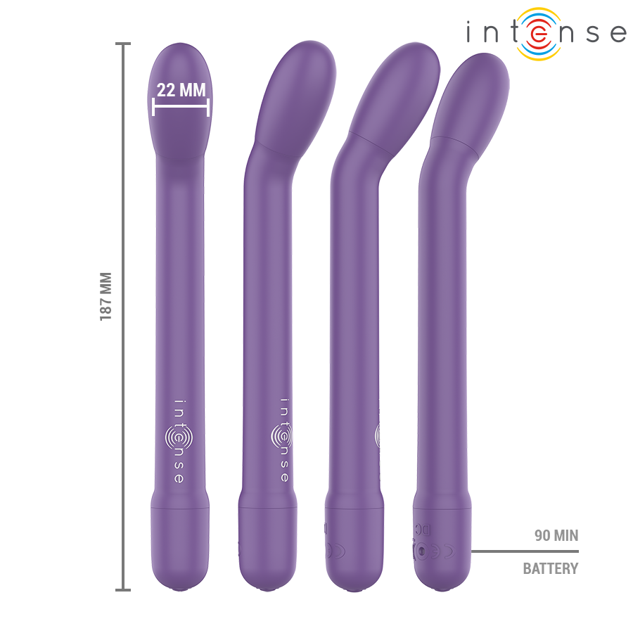 Quatre profils du vibromasseur point G Karlie violet Intense avec cotes 187 mm et tete 22 mm, tige fine incurvee et autonomie 90 min pour le point G.