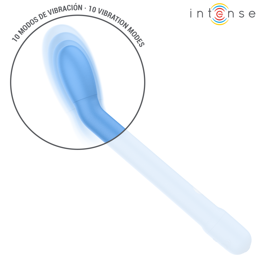 Gros plan sur la tete arrondie du stimulateur point G Karlie en silicone bleu Intense, dix modes de vibration pour une stimulation interne progressive et ciblee.