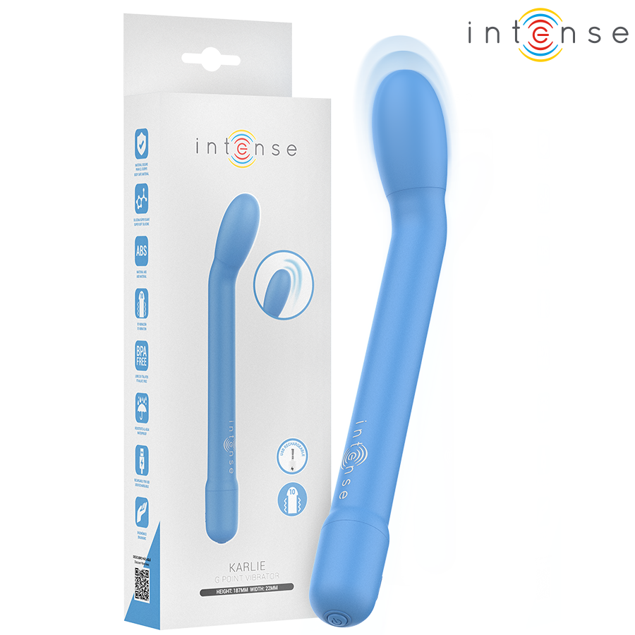 Boite bleue Intense Karlie et stimulateur point G en silicone bleu lisse a tete courbee, dix modes de vibration rechargeables pour une stimulation interne ciblee.