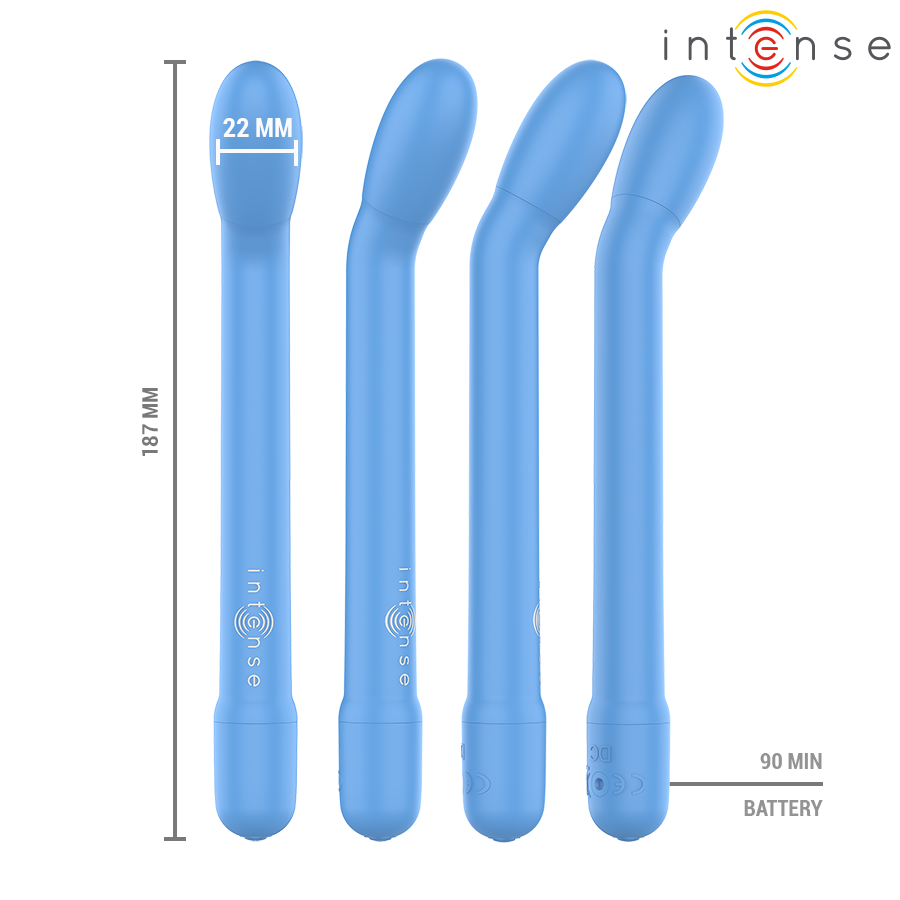 Quatre stimulateurs point G Karlie en silicone bleu alignes, diametre 22 mm et longueur 187 mm, batterie 90 minutes pour une stimulation interne fine et courbee.