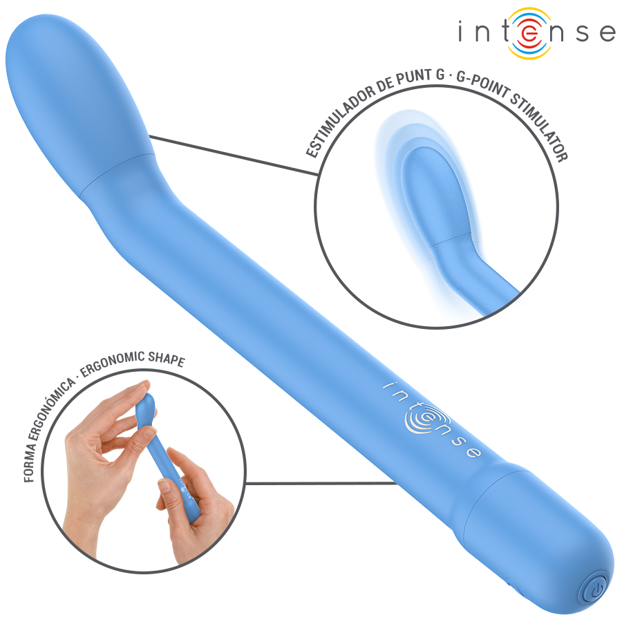 Stimulateur point G Karlie en silicone bleu avec gros plan sur sa tete bombee courbee, forme ergonomique pensee pour atteindre precisement la zone du point G.