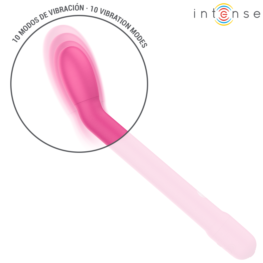 Gros plan sur la tete courbée du vibromasseur point G Karlie rose Intense, effet de vibration illustre et mention 10 modes pour stimuler le point G.