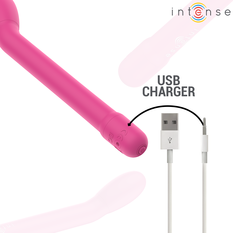 Vibromasseur point G Karlie rose Intense présenté avec son cable de charge USB, tige fine incurvee en silicone pour une stimulation rechargeable du point G.