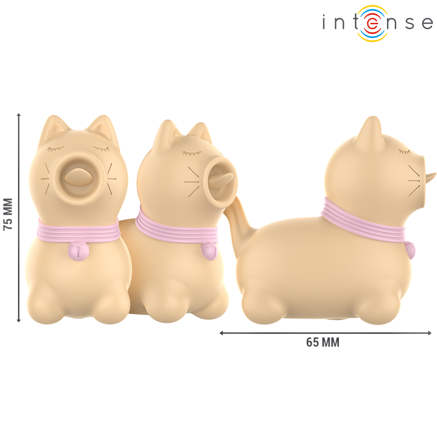 Stimulateur clitoridien Intense chat beige vu sous trois angles, cotes 75 mm et 65 mm, langue rotative et collier, silicone fantaisie animal mignon.