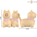 Stimulateur clitoridien Intense chat beige vu sous trois angles, cotes 75 mm et 65 mm, langue 360° et collier, silicone fantaisie animal mignon.