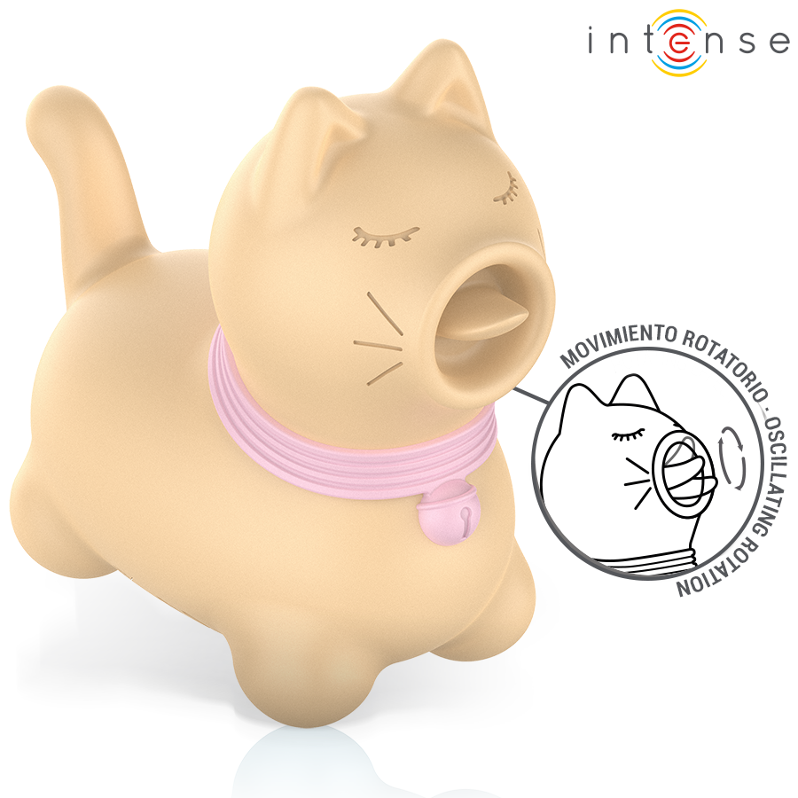 Stimulateur clitoridien Intense chat beige de trois quarts, encart mouvement rotatif oscillant de la langue, silicone doux body-safe design fantaisie.