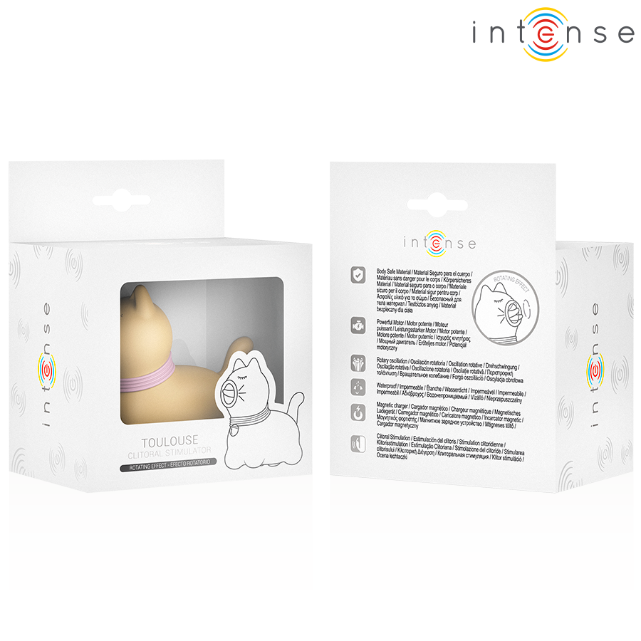 Deux boites Intense Toulouse, stimulateur clitoridien chat beige, faces avant et arriere avec notice et schema langue rotative, silicone fantaisie.