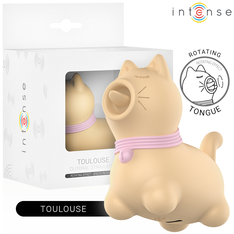 Boite Toulouse du stimulateur clitoridien chat beige Intense, langue rotative mise en avant, design animal mignon pour une stimulation orale simulee du clitoris.