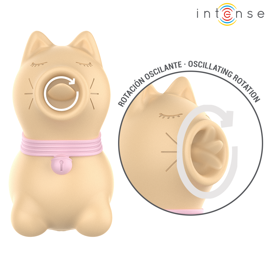 Stimulateur clitoridien Intense chat beige avec encart rotation oscillante de la langue, petit collier et grelot, silicone doux body-safe fantaisie.