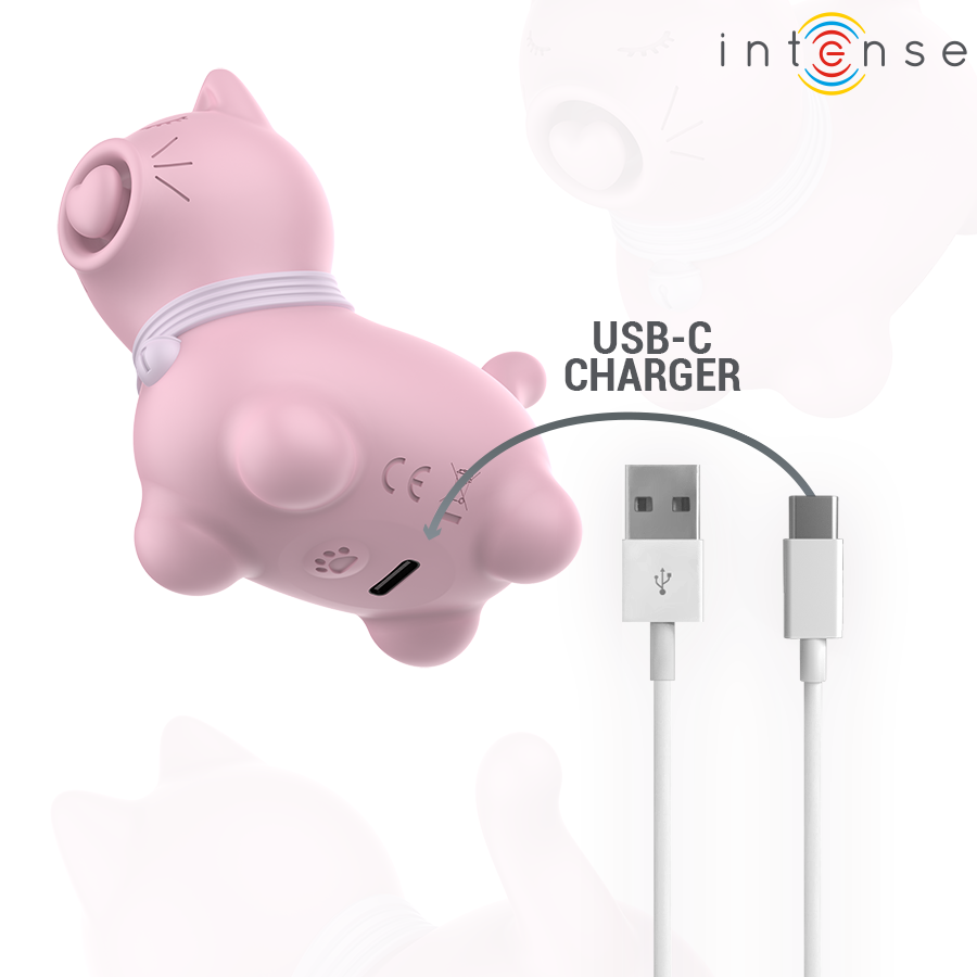 Stimulateur clitoridien chat rose Intense présenté avec son cable de charge USB-C, silicone doux et bouche pulsante pour une stimulation clitoridienne rechargeable.