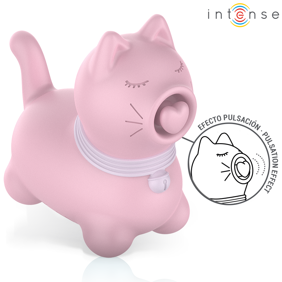 Stimulateur clitoridien Duchesse en forme de chat rose, vu de trois quarts, bouche en cœur à effet pulsation pour une stimulation clitoridienne douce signée Intense.